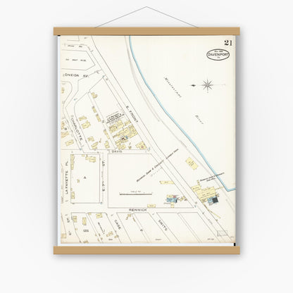 Old map wall art mockup — magnetic wood frame on white wall — Sanborn Fire Insurance Map from Davenport, Scott County, Iowa (1886), Sheet #0021