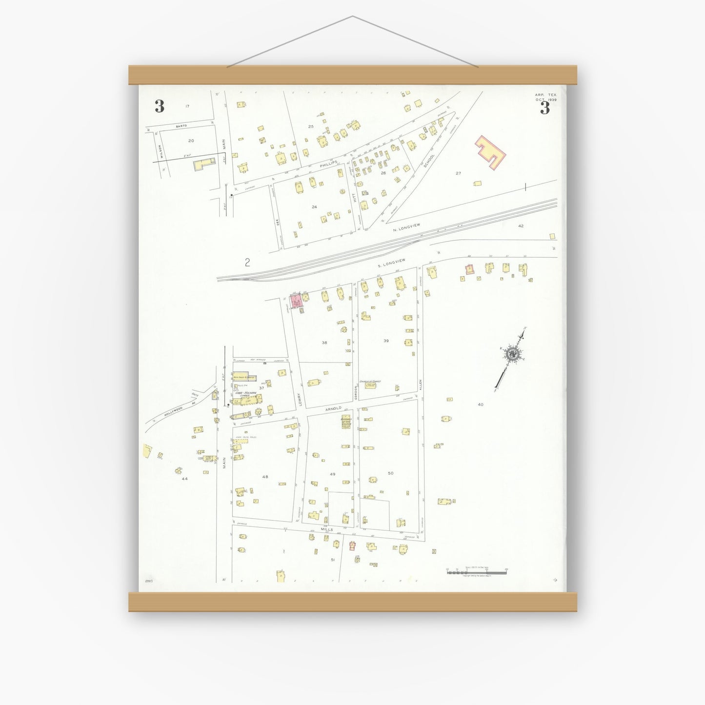 Old map wall art mockup — magnetic wood frame on white wall — Sanborn Fire Insurance Map from Arp, Smith County, Texas (1939), Sheet #0003