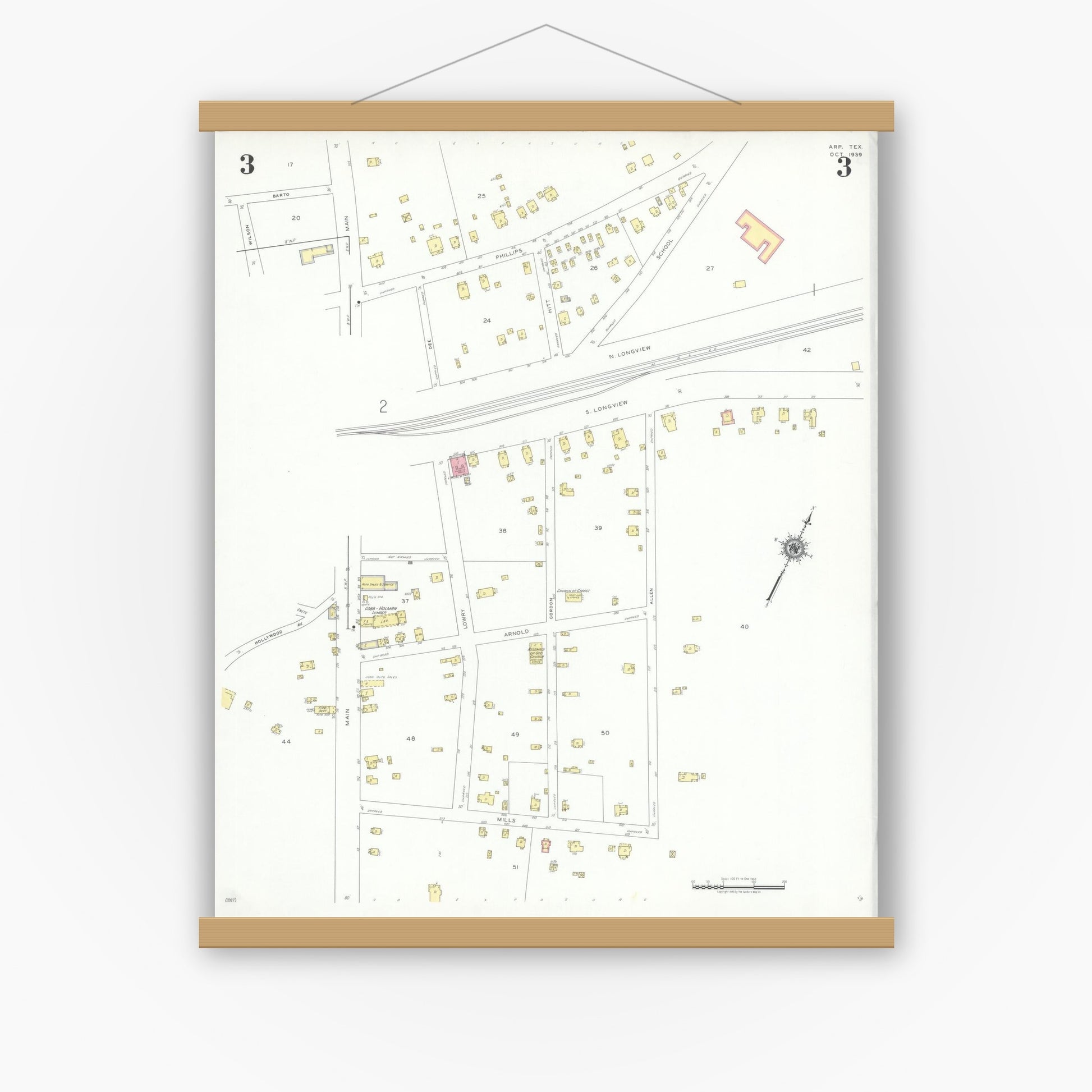 Old map wall art mockup — magnetic wood frame on white wall — Sanborn Fire Insurance Map from Arp, Smith County, Texas (1939), Sheet #0003