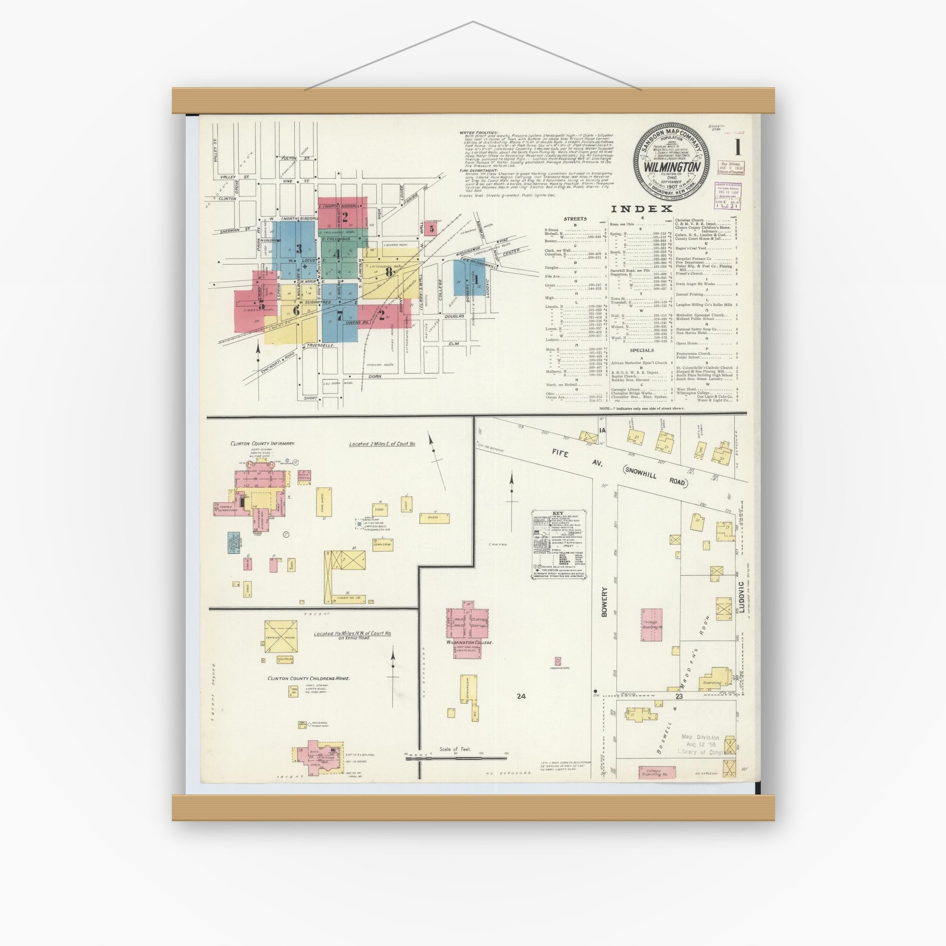 Old map wall art mockup — magnetic wood frame on white wall — Sanborn Fire Insurance Map from Wilmington, Clinton County, Ohio (1907) - Complete Map Set