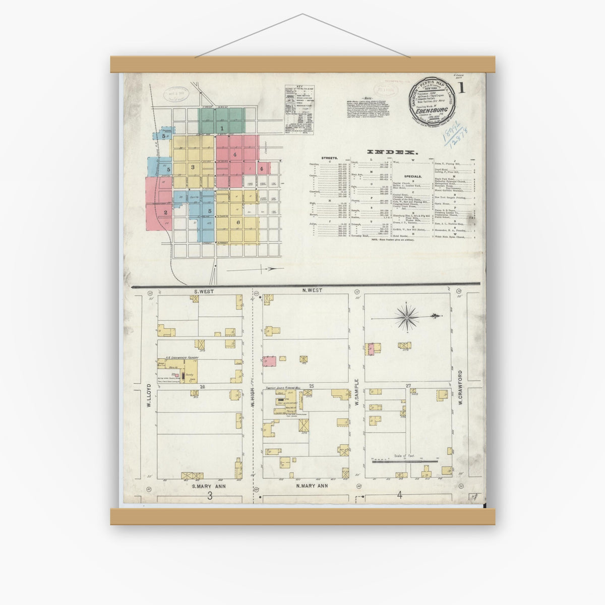 Old map wall art mockup — magnetic wood frame on white wall — Sanborn Fire Insurance Map from Ebensburg, Cambria County, Pennsylvania (1899) - Complete Map Set