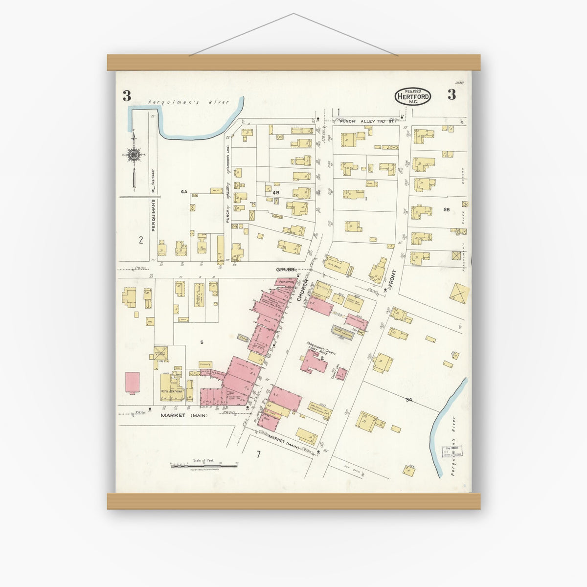 Old map wall art mockup — magnetic wood frame on white wall — Sanborn Fire Insurance Map from Hertford, Perquimans County, North Carolina (1923), Sheet #0003