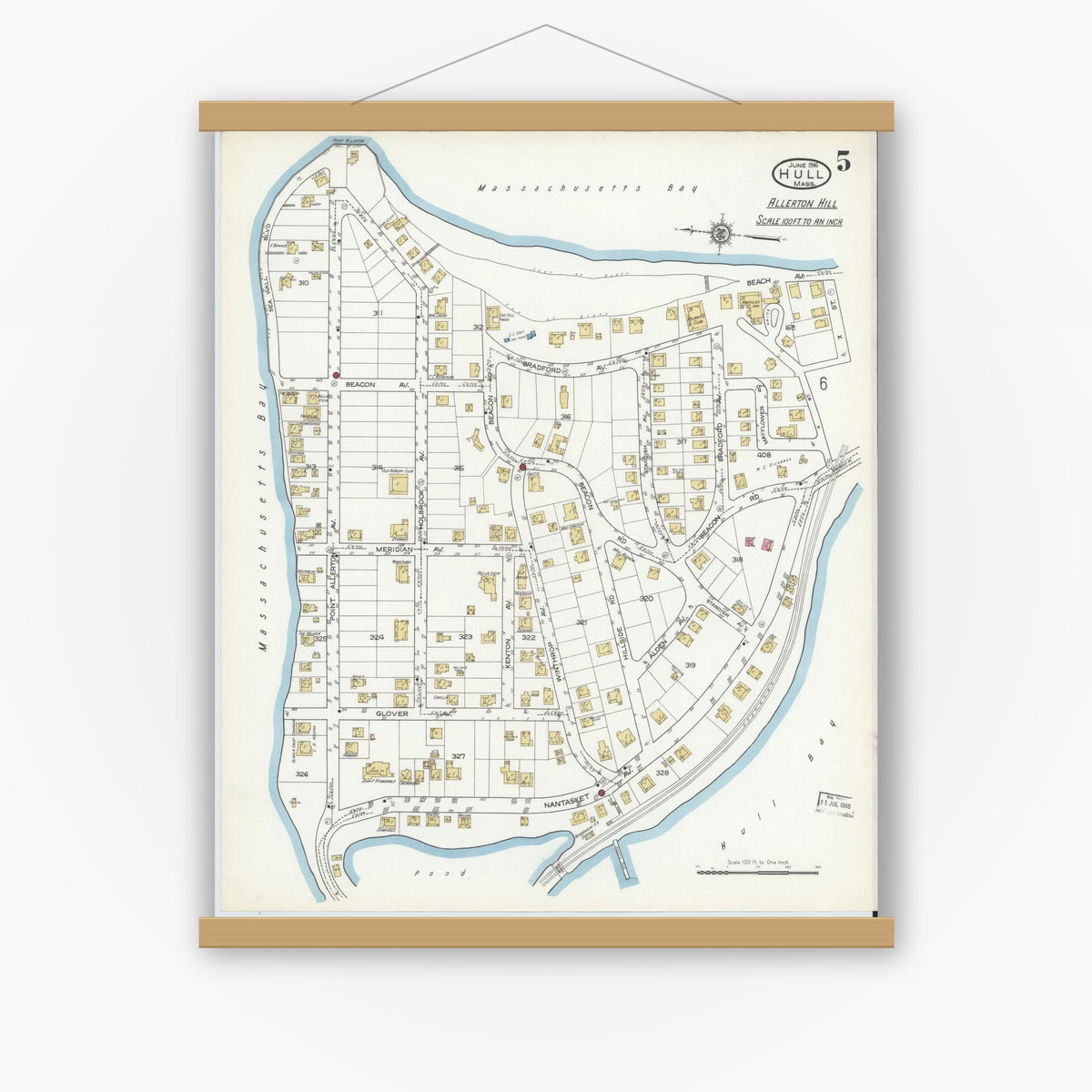 Old map wall art mockup — magnetic wood frame on white wall — Sanborn Fire Insurance Map from Hull, Plymouth County, Massachusetts (1916), Sheet #0005