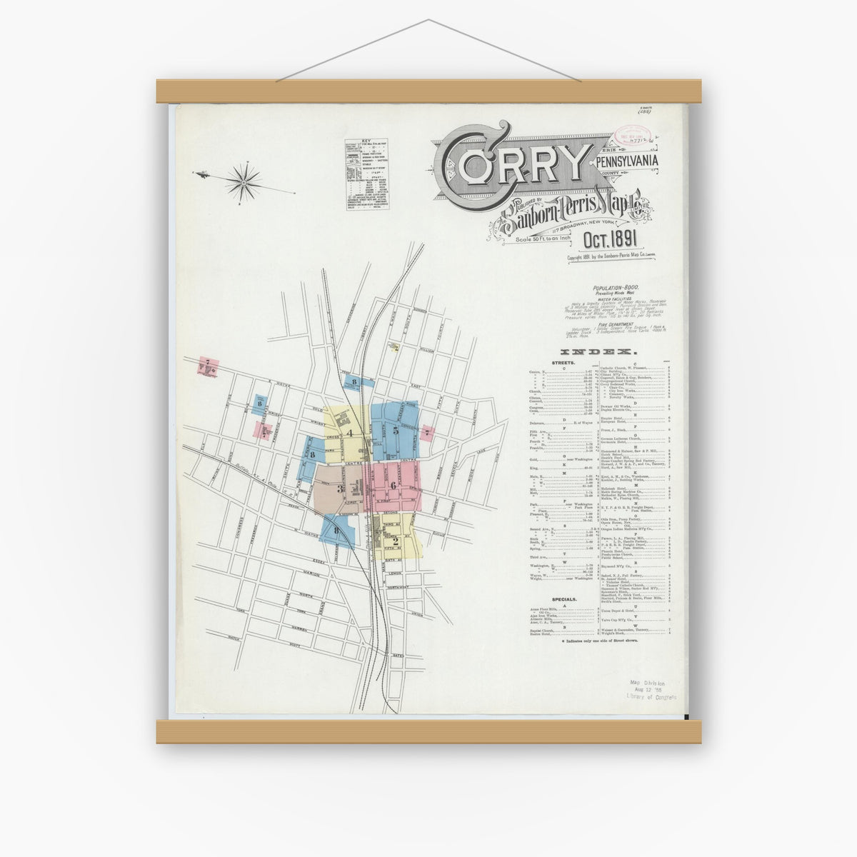 Old map wall art mockup — magnetic wood frame on white wall — Sanborn Fire Insurance Map from Corry, Erie County, Pennsylvania (1891) - Complete Map Set