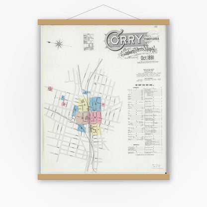 Old map wall art mockup — magnetic wood frame on white wall — Sanborn Fire Insurance Map from Corry, Erie County, Pennsylvania (1891) - Complete Map Set