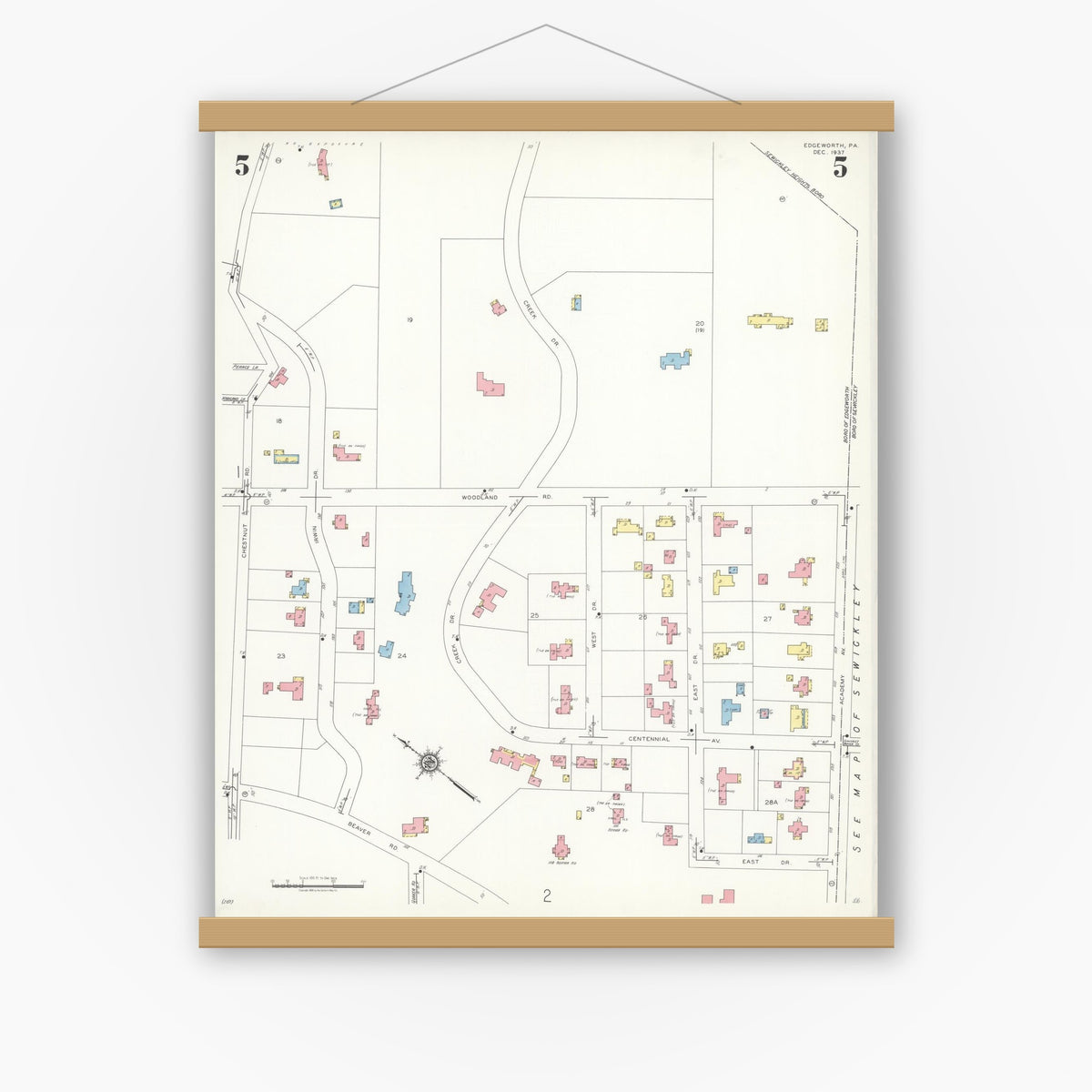 Old map wall art mockup — magnetic wood frame on white wall — Sanborn Fire Insurance Map from Edgeworth, Allegheny County, Pennsylvania (1938), Sheet #0005