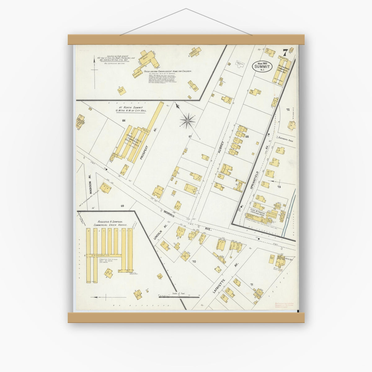 Old map wall art mockup — magnetic wood frame on white wall — Sanborn Fire Insurance Map from Summit, Union County, New Jersey (1903), Sheet #0007