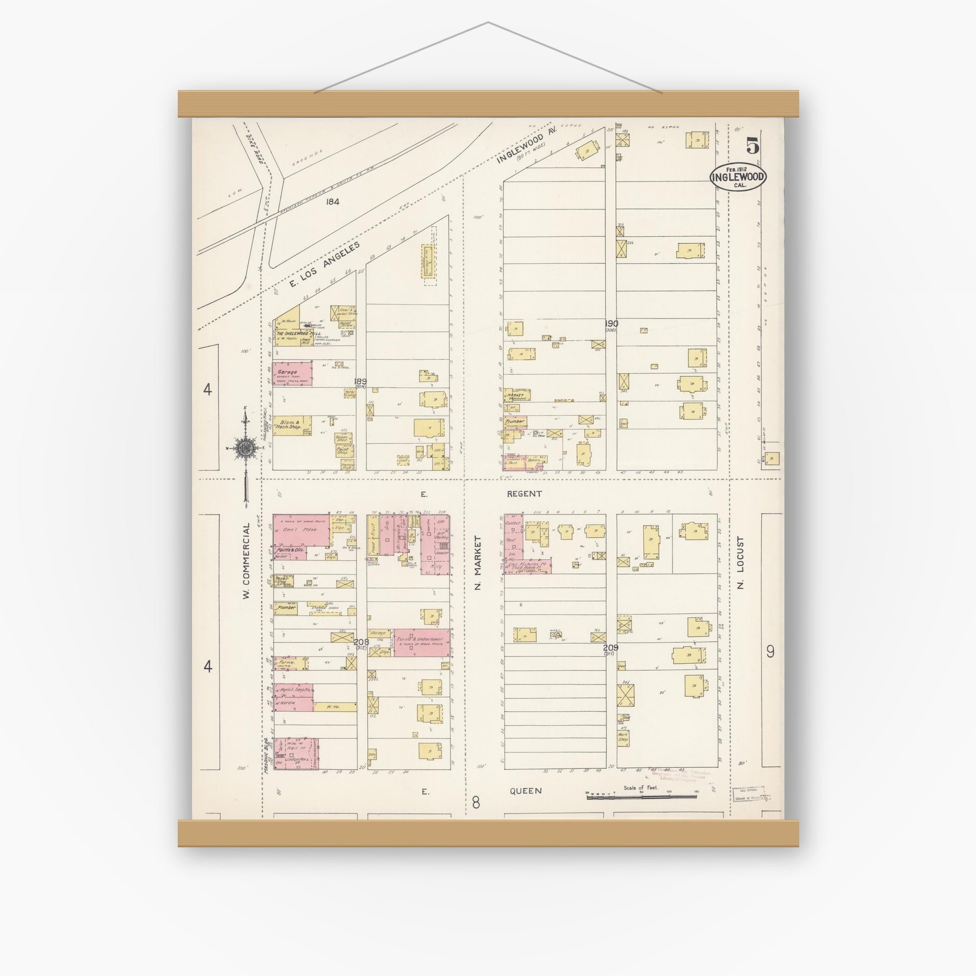 Old map wall art mockup — magnetic wood frame on white wall — Sanborn Fire Insurance Map from Inglewood, Los Angeles County, California (1912), Sheet #0005