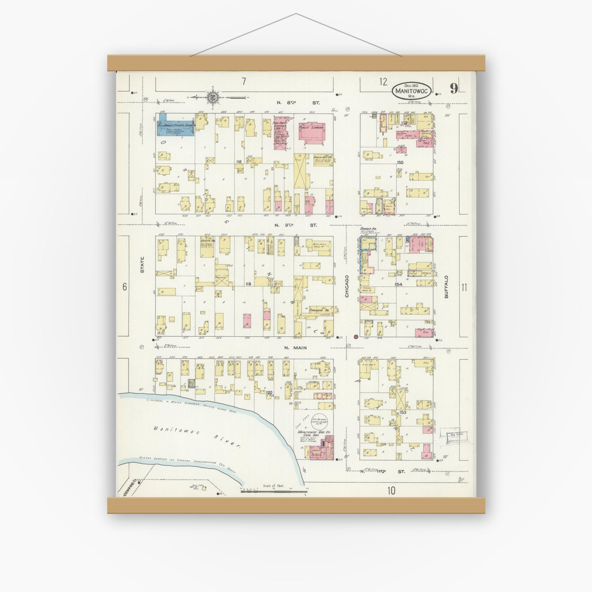 Old map wall art mockup — magnetic wood frame on white wall — Sanborn Fire Insurance Map from Manitowoc, Manitowoc County, Wisconsin (1912), Sheet #0009