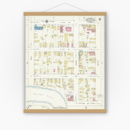Old map wall art mockup — magnetic wood frame on white wall — Sanborn Fire Insurance Map from Manitowoc, Manitowoc County, Wisconsin (1912), Sheet #0009