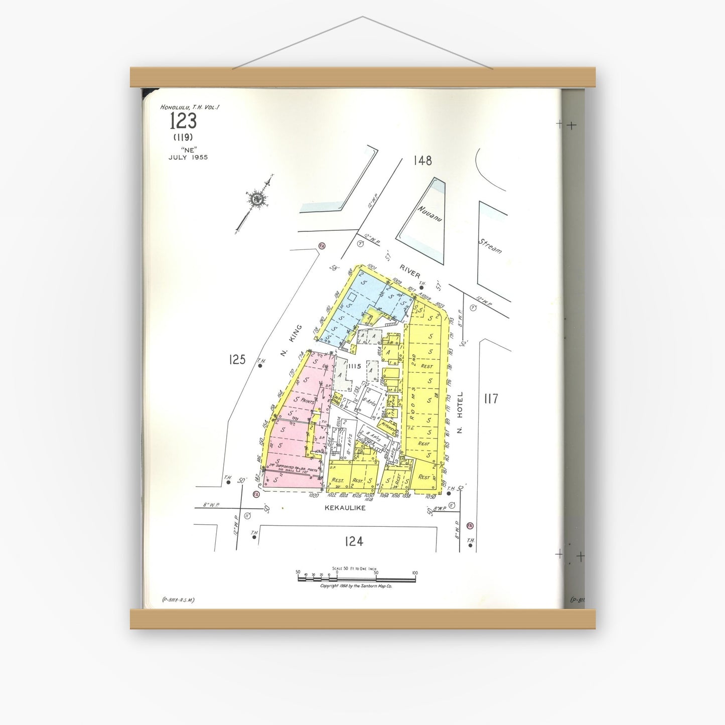 Old map wall art mockup — magnetic wood frame on white wall — Sanborn Fire Insurance Map from Honolulu, Oahu County, Hawaii (1955), Sheet #0123