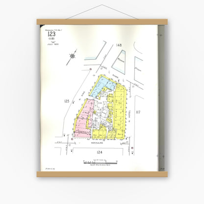 Old map wall art mockup — magnetic wood frame on white wall — Sanborn Fire Insurance Map from Honolulu, Oahu County, Hawaii (1955), Sheet #0123