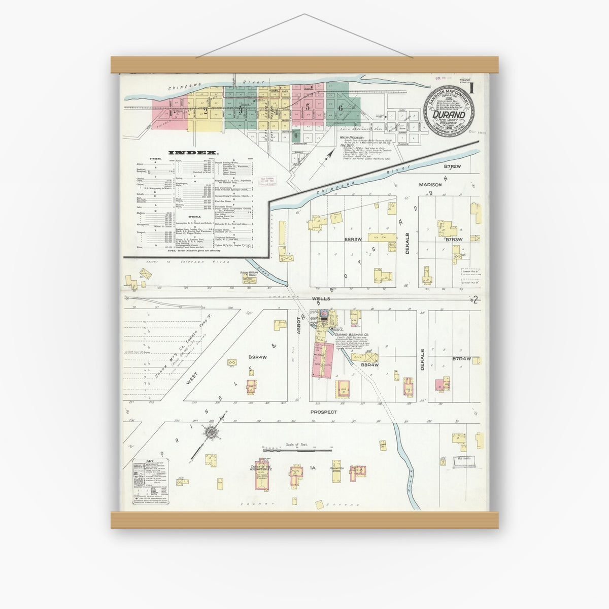 Old map wall art mockup — magnetic wood frame on white wall — Sanborn Fire Insurance Map from Durand, Pepin County, Wisconsin (1910) - Complete Map Set