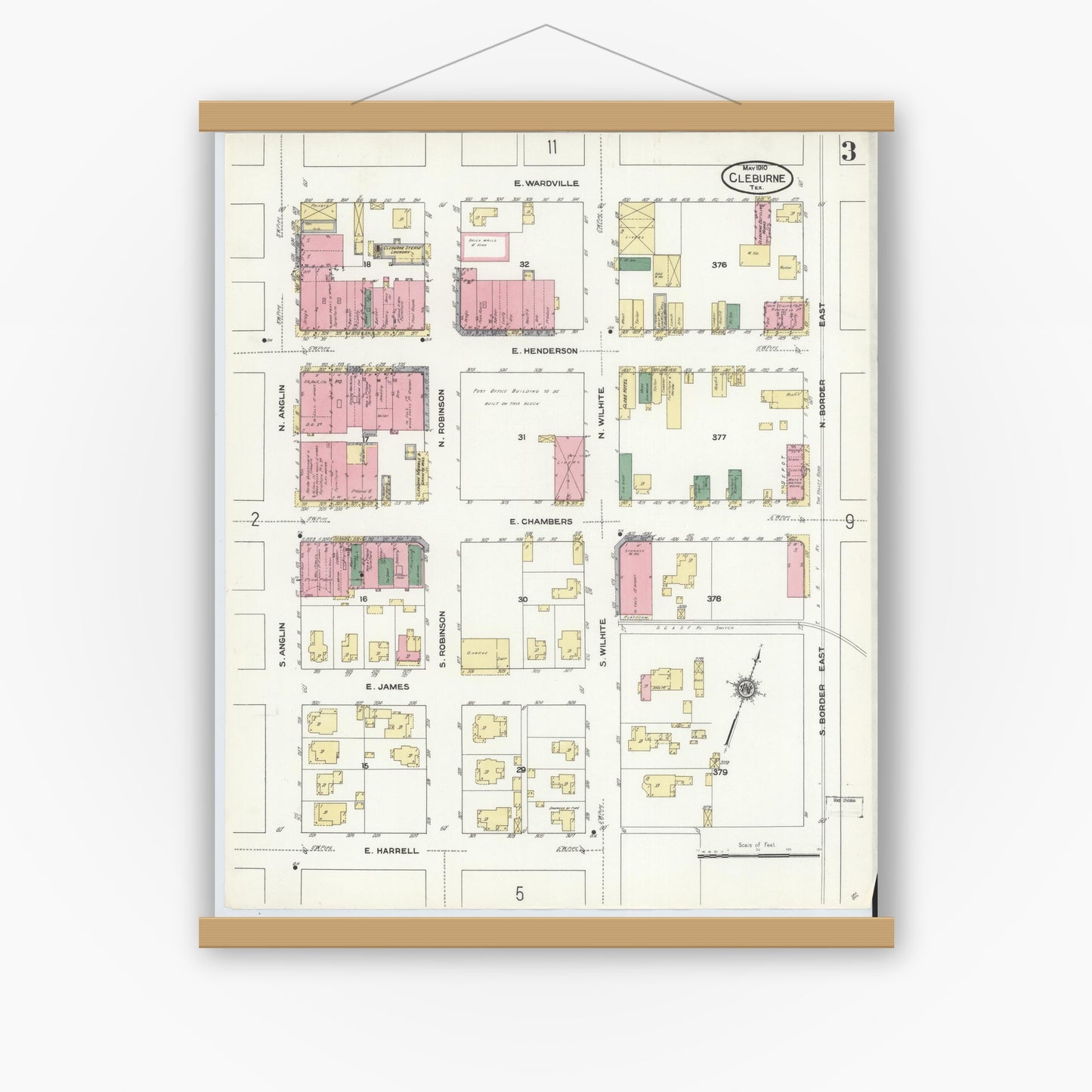 Old map wall art mockup — magnetic wood frame on white wall — Sanborn Fire Insurance Map from Cleburne, Johnson County, Texas (1910), Sheet #0003