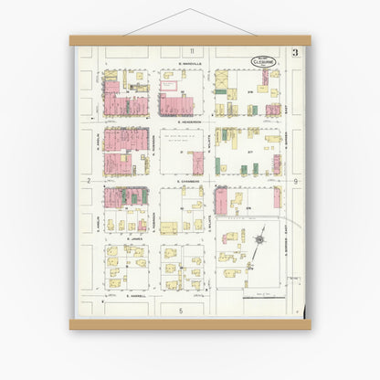 Old map wall art mockup — magnetic wood frame on white wall — Sanborn Fire Insurance Map from Cleburne, Johnson County, Texas (1910), Sheet #0003
