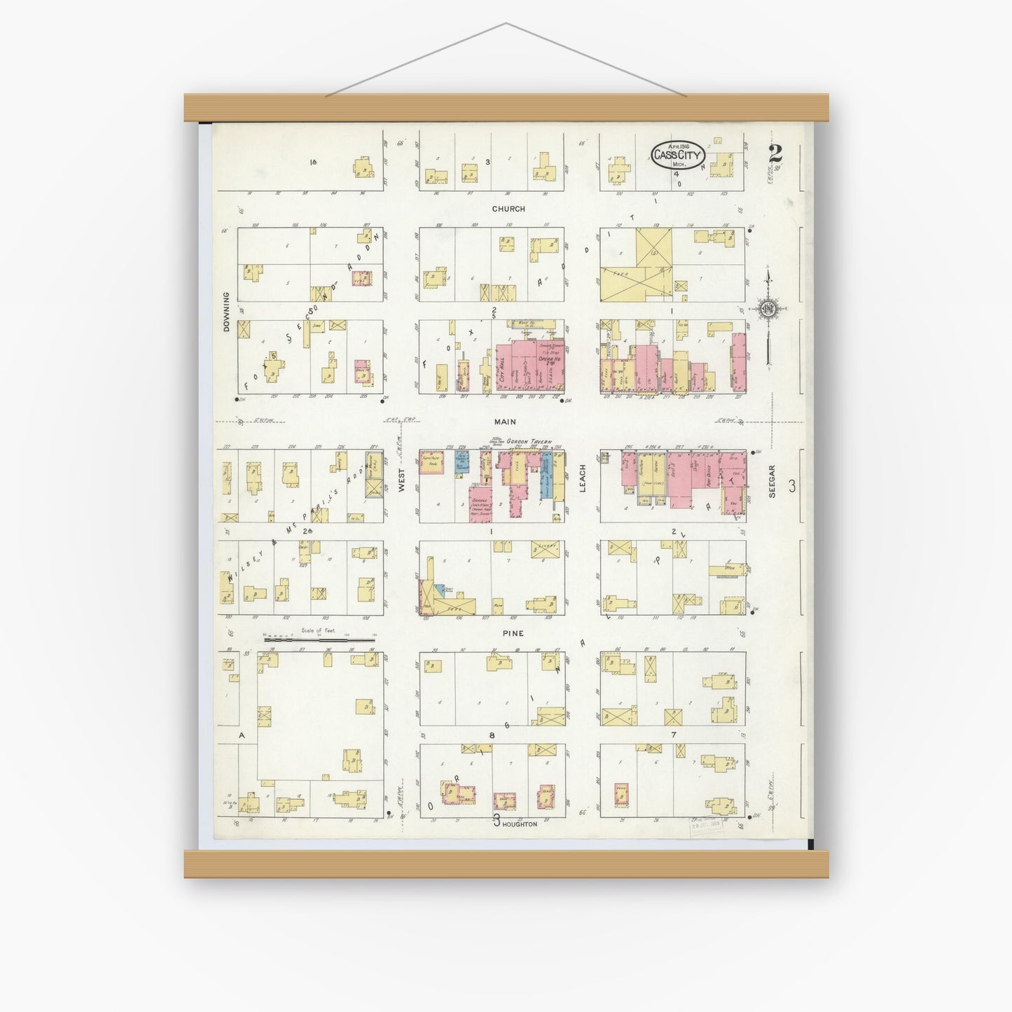 Old map wall art mockup — magnetic wood frame on white wall — Sanborn Fire Insurance Map from Cass City, Tuscola County, Michigan (1916), Sheet #0002
