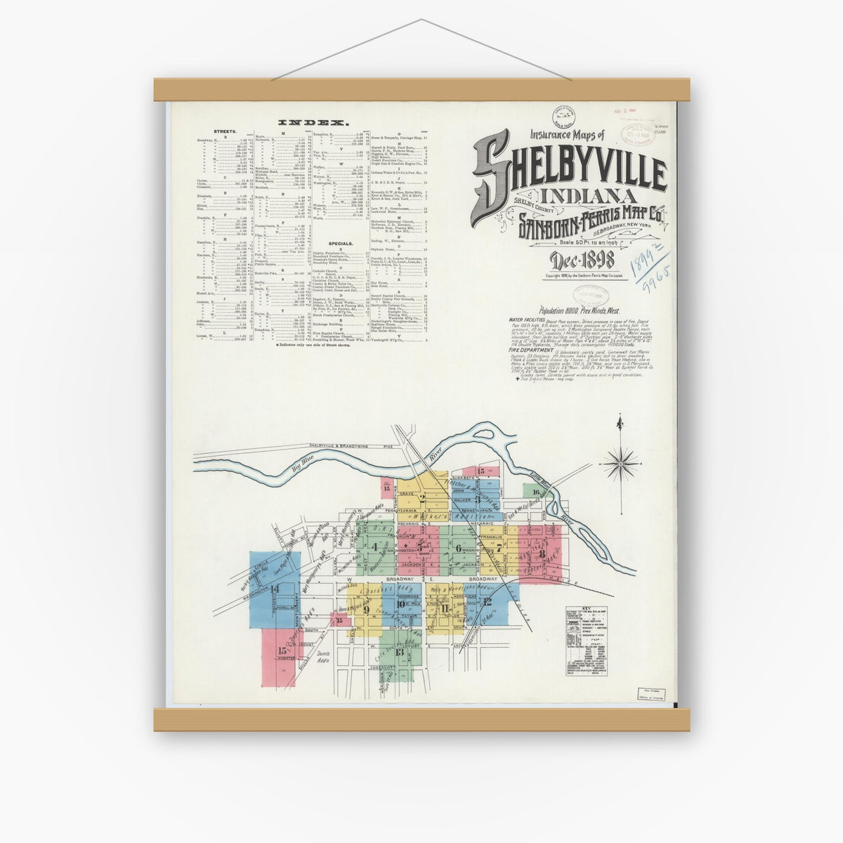 Old map wall art mockup — magnetic wood frame on white wall — Sanborn Fire Insurance Map from Shelbyville, Shelby County, Indiana (1898) - Complete Map Set
