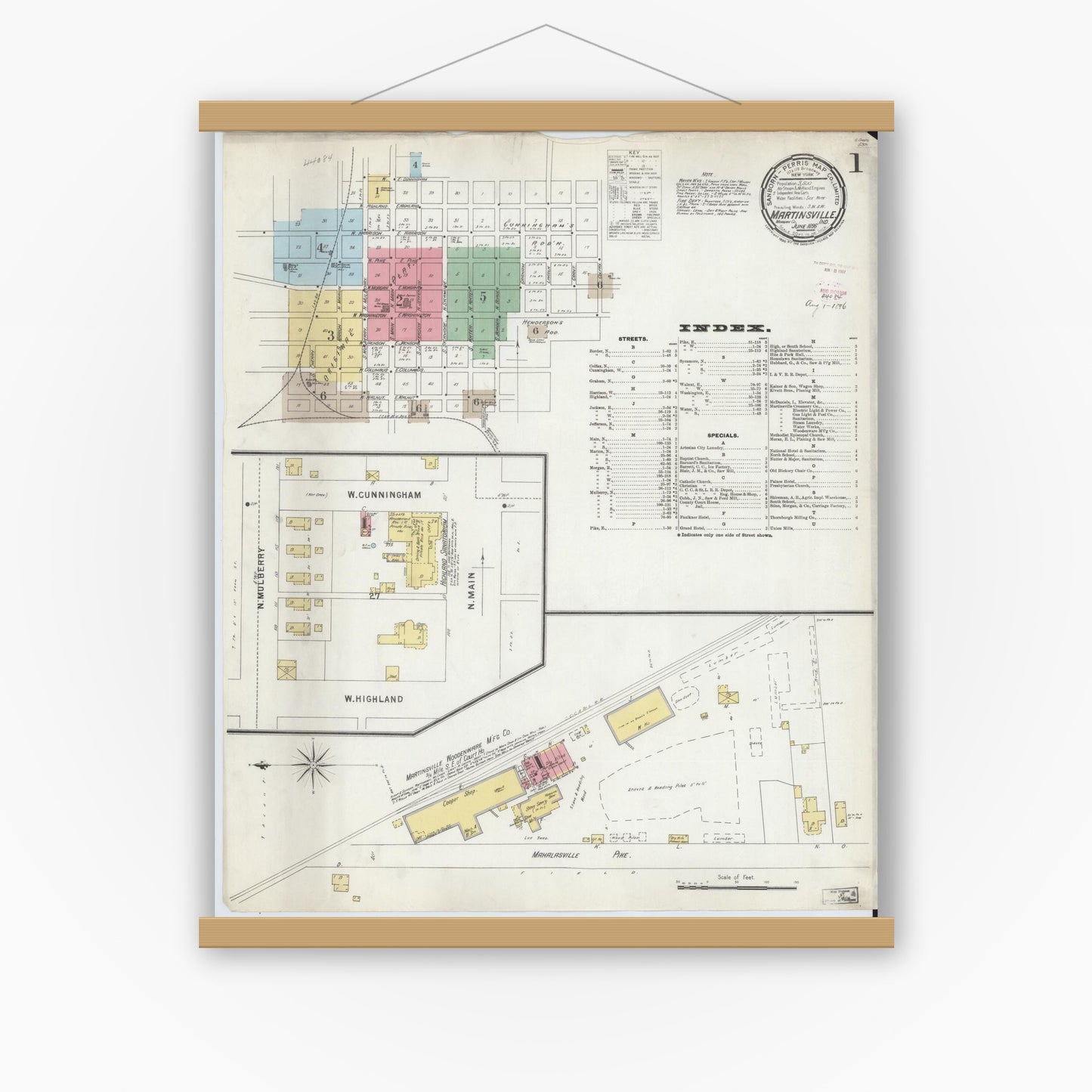 Old map wall art mockup — magnetic wood frame on white wall — Sanborn Fire Insurance Map from Martinsville, Morgan County, Indiana (1896) - Complete Map Set