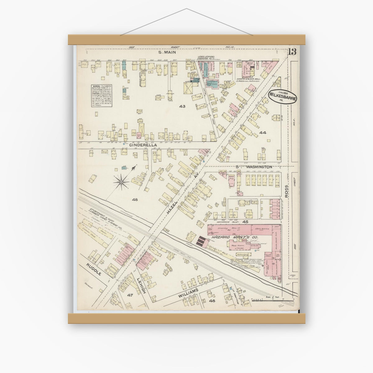 Old map wall art mockup — magnetic wood frame on white wall — Sanborn Fire Insurance Map from Wilkes Barre, Luzerne County, Pennsylvania (1884), Sheet #0013