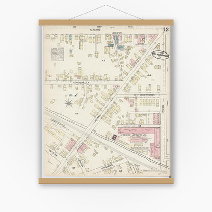 Old map wall art mockup — magnetic wood frame on white wall — Sanborn Fire Insurance Map from Wilkes Barre, Luzerne County, Pennsylvania (1884), Sheet #0013