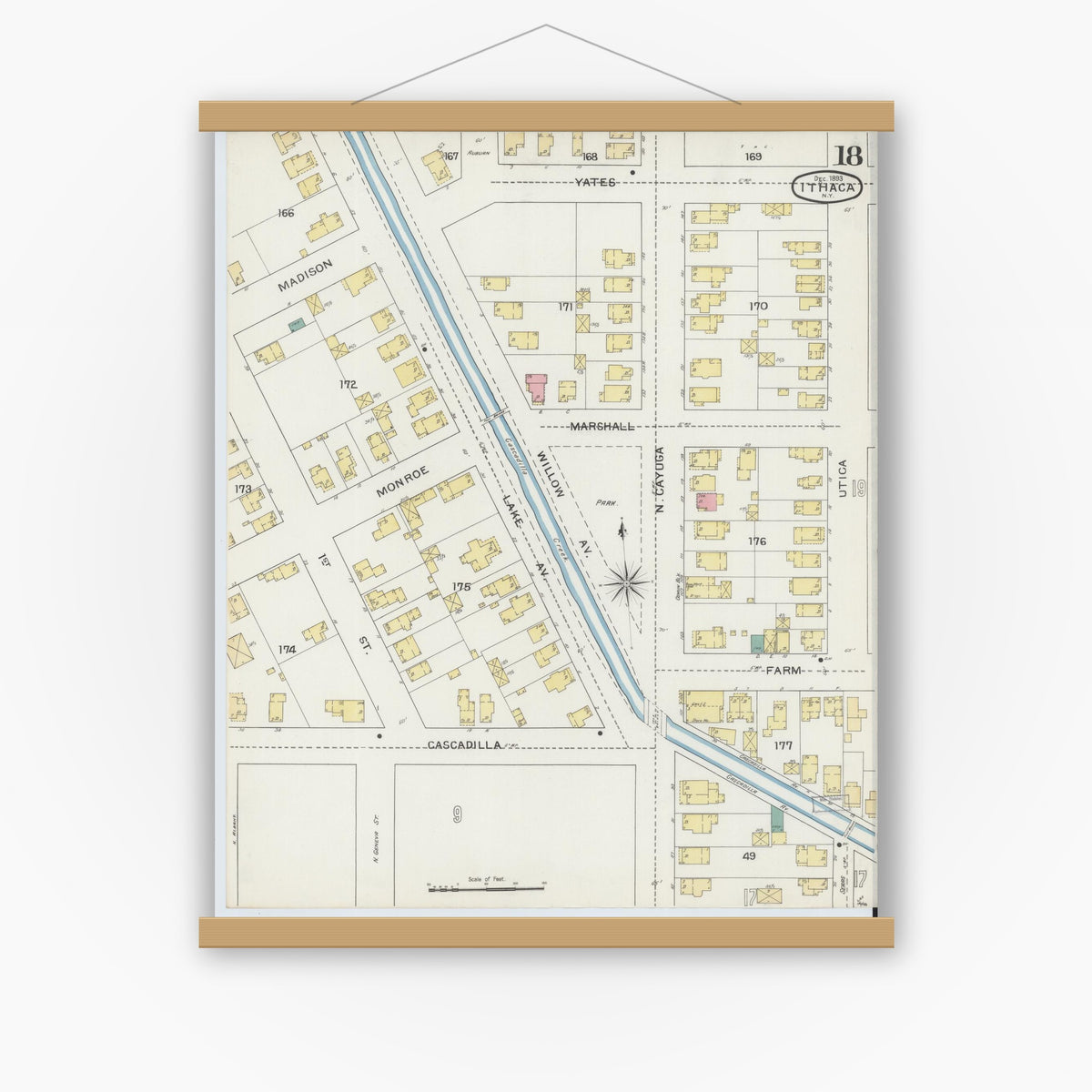 Old map wall art mockup — magnetic wood frame on white wall — Sanborn Fire Insurance Map from Ithaca, Tompkins County, New York (1893), Sheet #0018