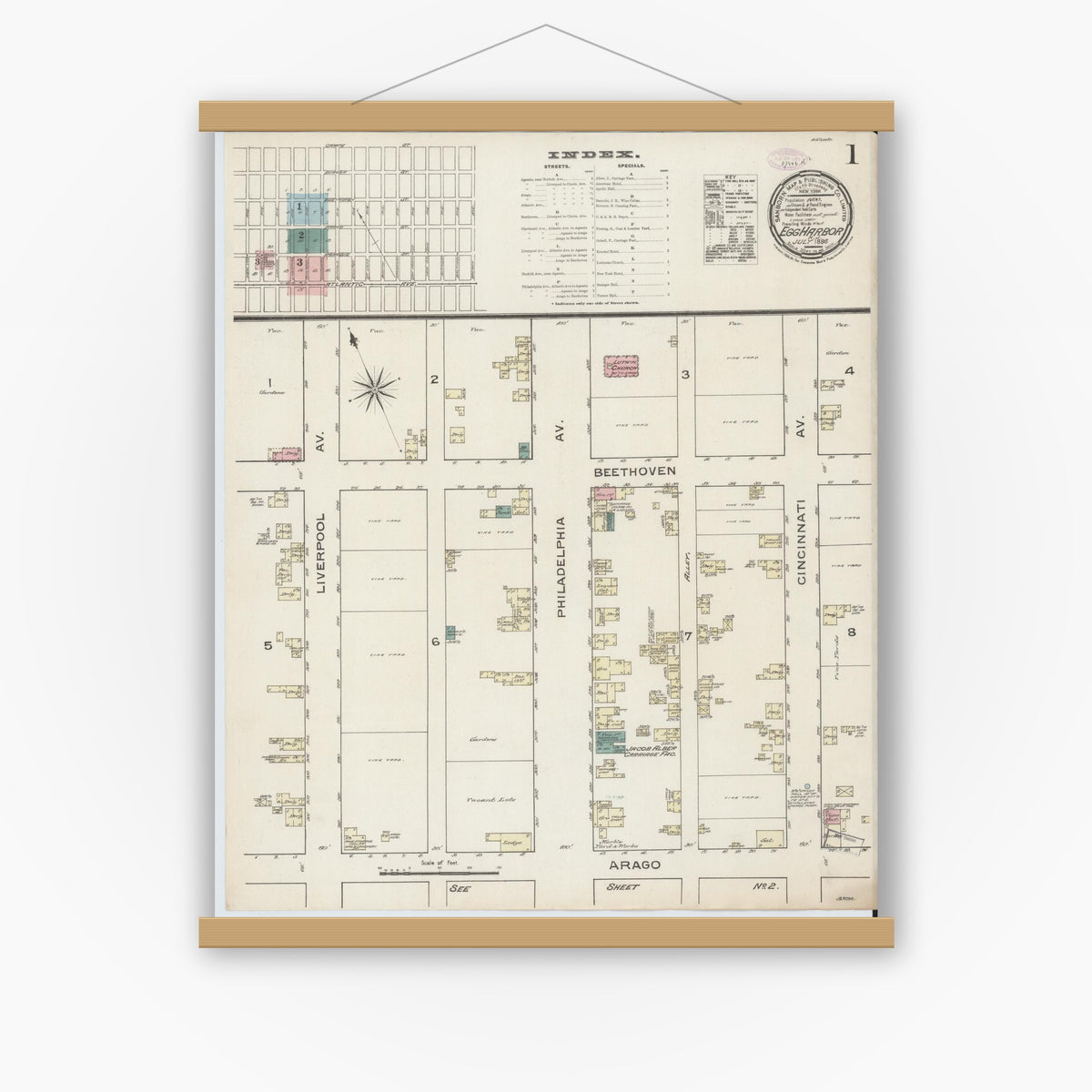 Old map wall art mockup — magnetic wood frame on white wall — Sanborn Fire Insurance Map from Egg Harbor City, Atlantic County, New Jersey (1886), Sheet #0001