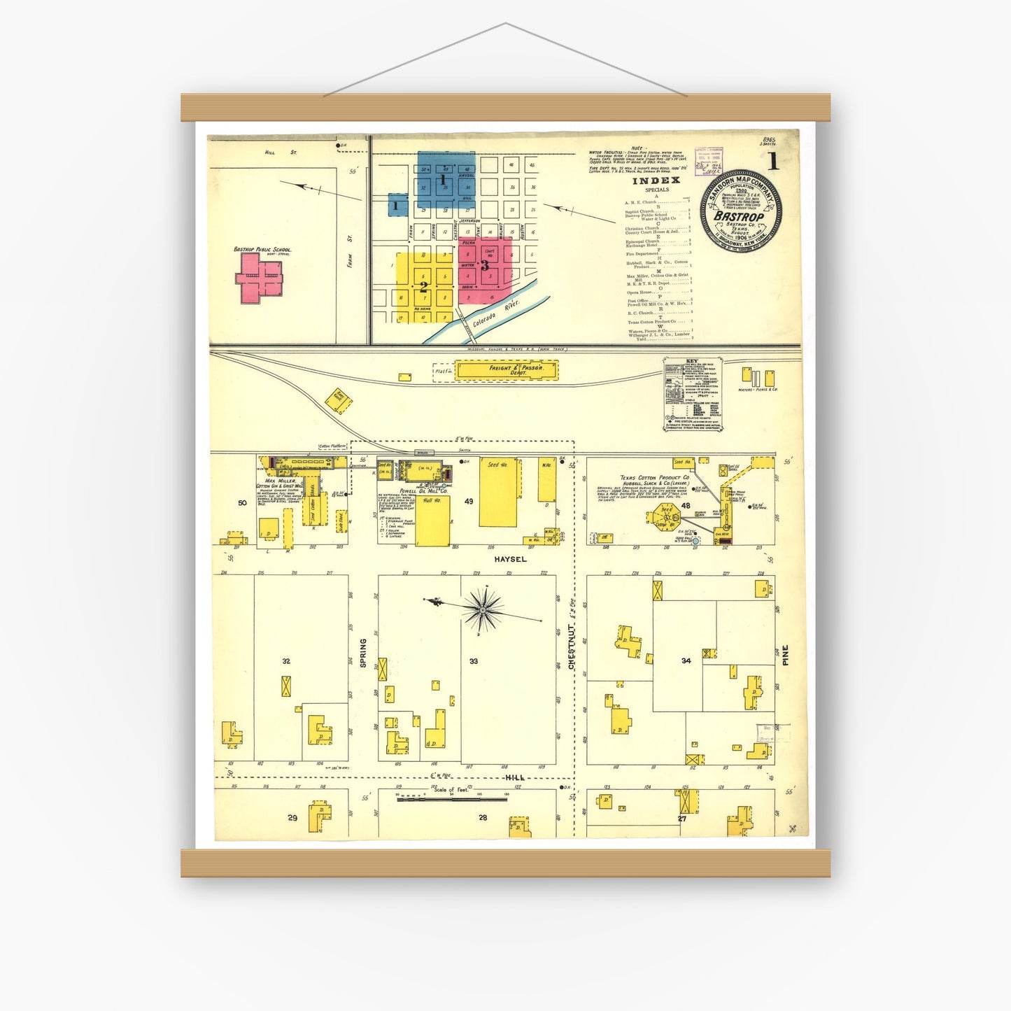 Old map wall art mockup — magnetic wood frame on white wall — Sanborn Fire Insurance Map from Bastrop, Bastrop County, Texas (1906), Sheet #0001