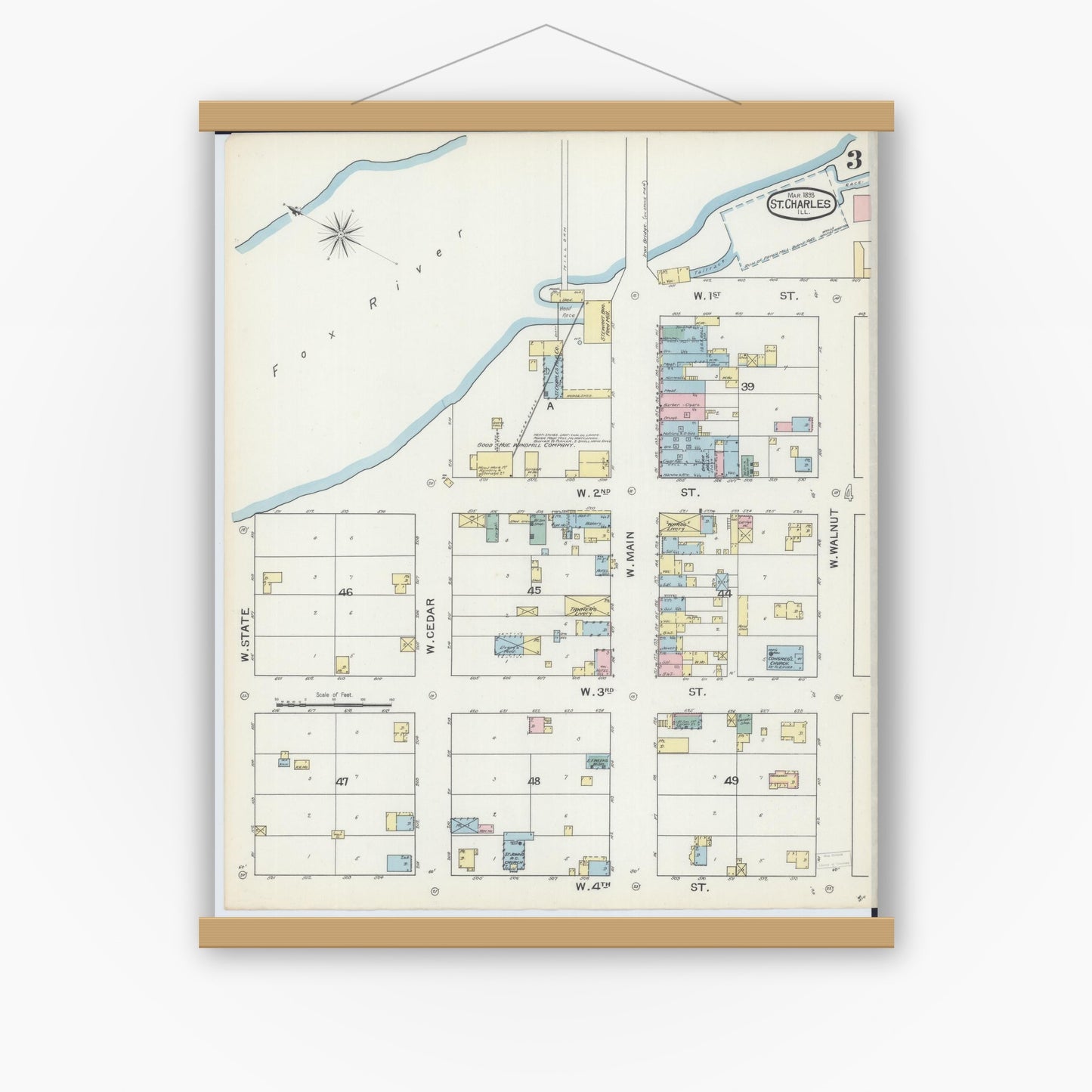 Old map wall art mockup — magnetic wood frame on white wall — Sanborn Fire Insurance Map from Saint Charles, Kane County, Illinois (1893), Sheet #0003