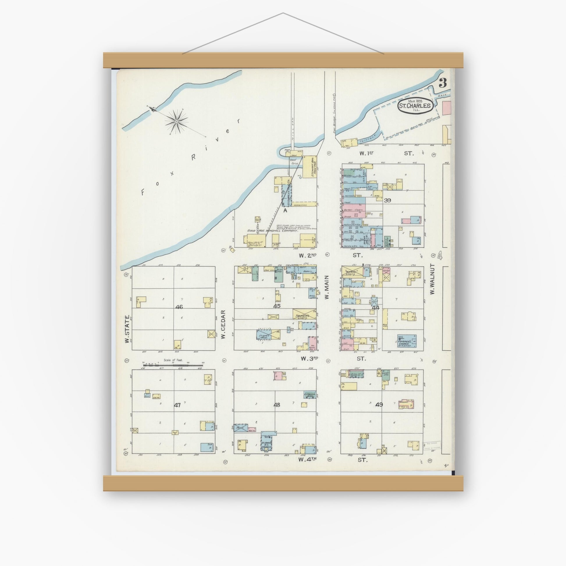 Old map wall art mockup — magnetic wood frame on white wall — Sanborn Fire Insurance Map from Saint Charles, Kane County, Illinois (1893), Sheet #0003