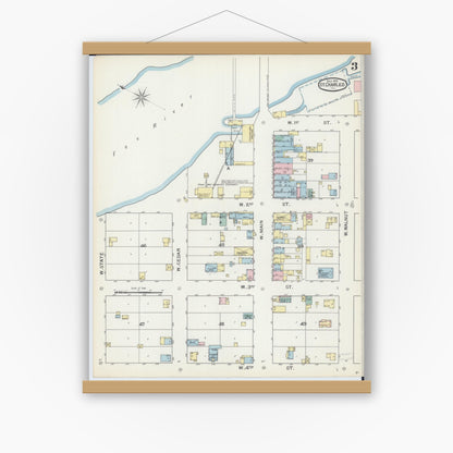 Old map wall art mockup — magnetic wood frame on white wall — Sanborn Fire Insurance Map from Saint Charles, Kane County, Illinois (1893), Sheet #0003