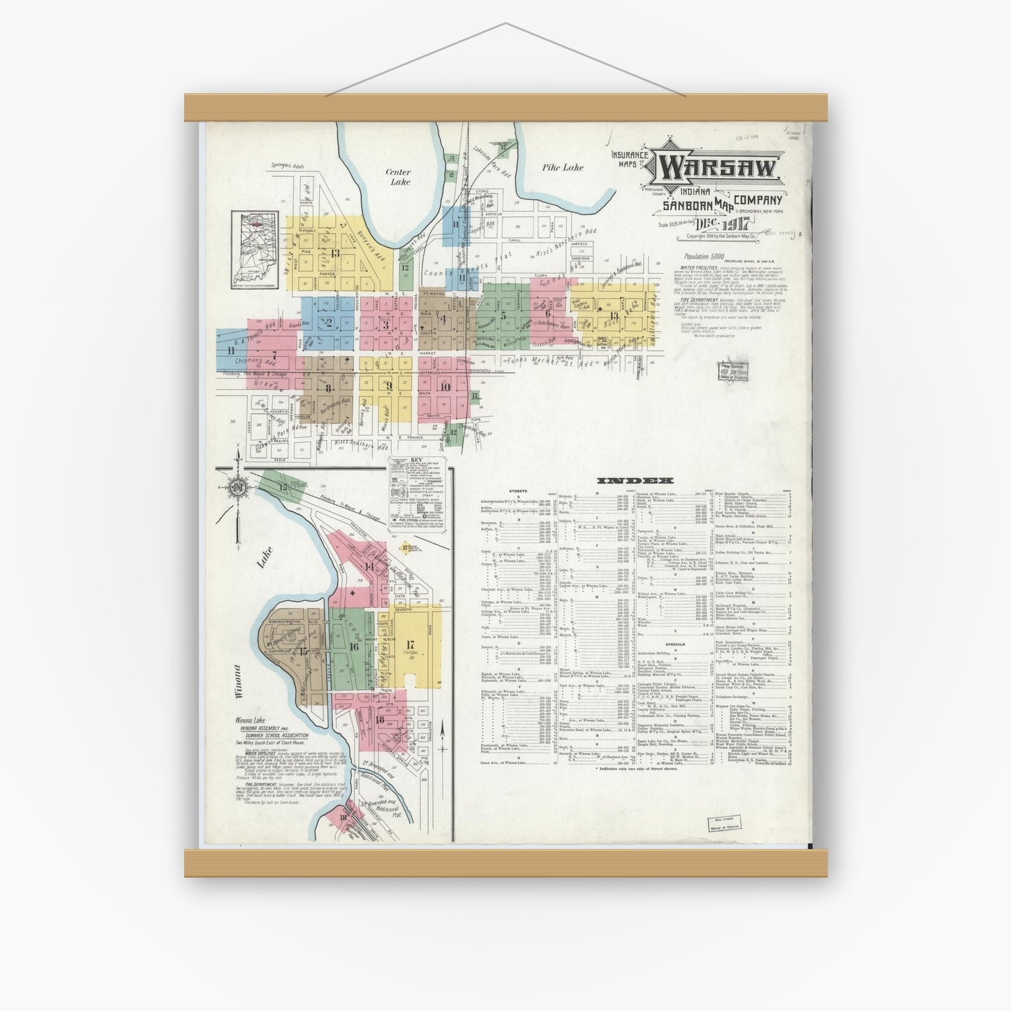 Old map wall art mockup — magnetic wood frame on white wall — Sanborn Fire Insurance Map from Warsaw, Kosciusko County, Indiana (1917) - Complete Map Set