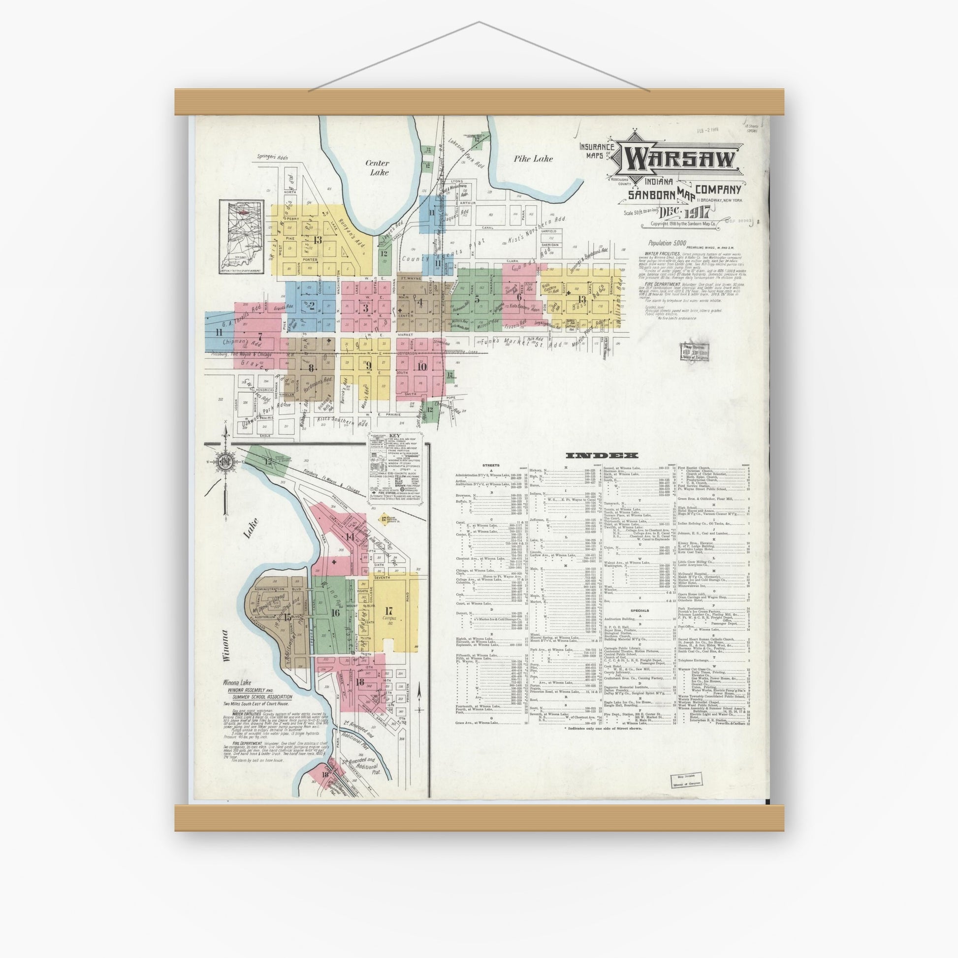 Old map wall art mockup — magnetic wood frame on white wall — Sanborn Fire Insurance Map from Warsaw, Kosciusko County, Indiana (1917) - Complete Map Set