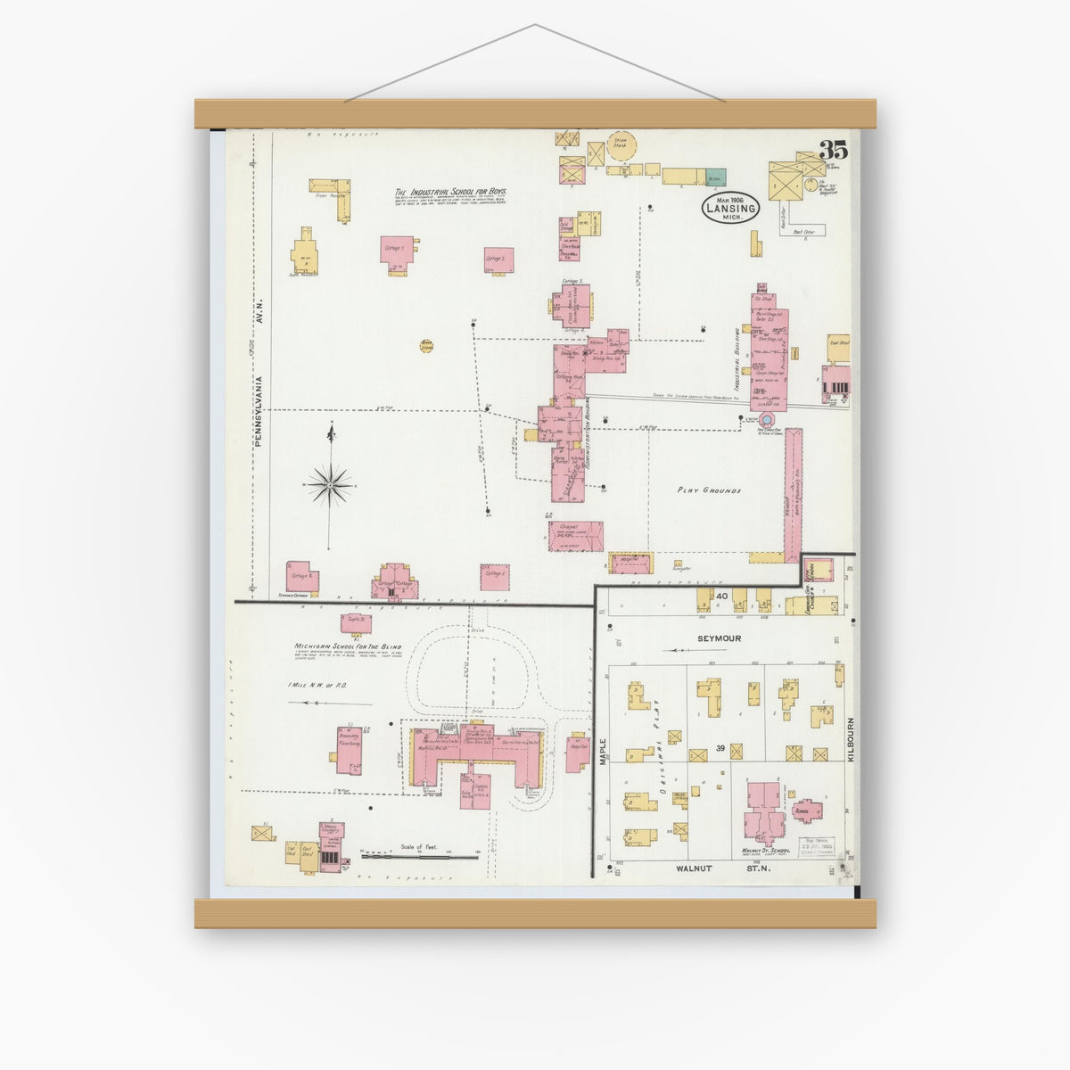 Old map wall art mockup — magnetic wood frame on white wall — Sanborn Fire Insurance Map from Lansing, Ingham County, Michigan (1906), Sheet #0035