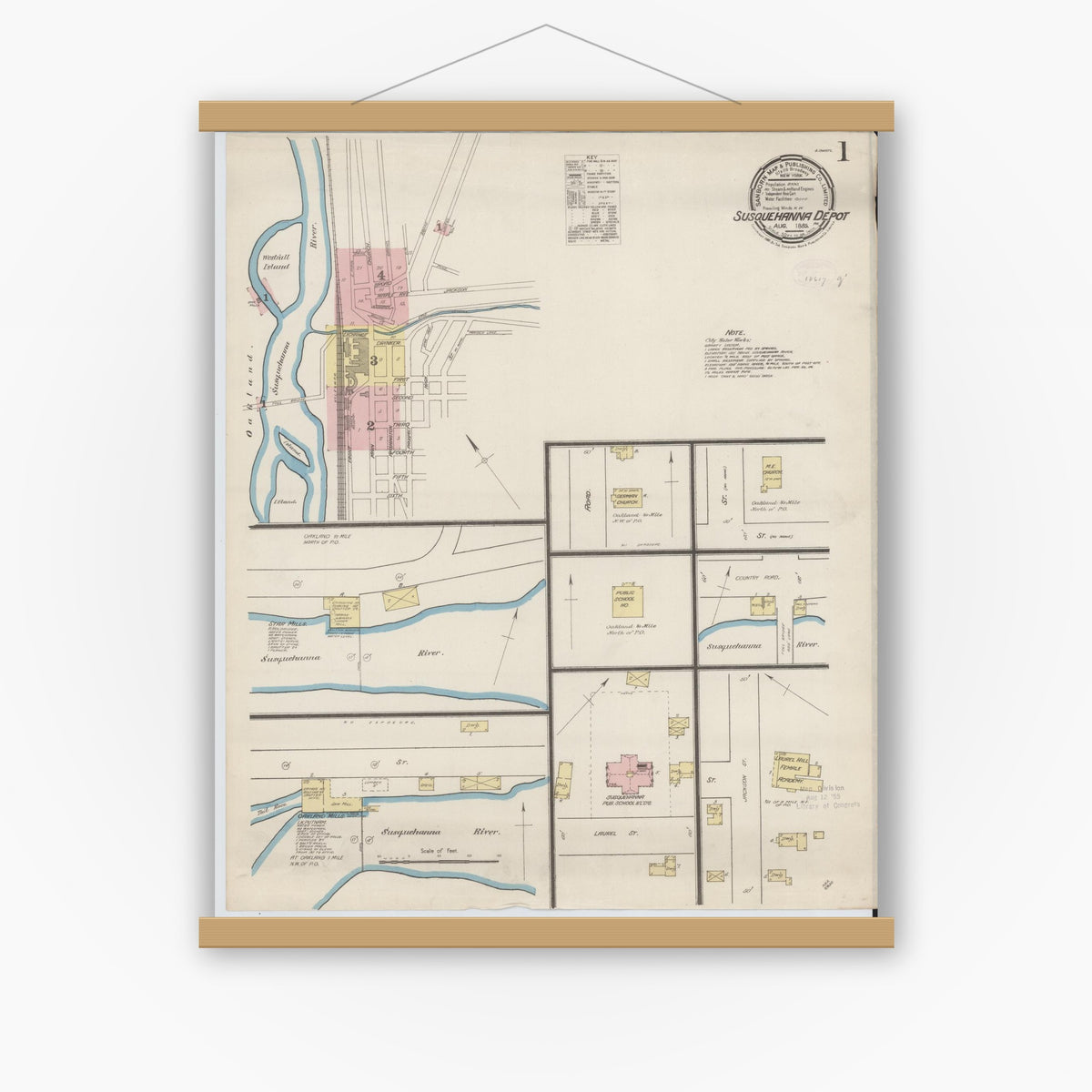 Old map wall art mockup — magnetic wood frame on white wall — Sanborn Fire Insurance Map from Susquehanna, Susquehanna County, Pennsylvania (1885) - Complete Map Set