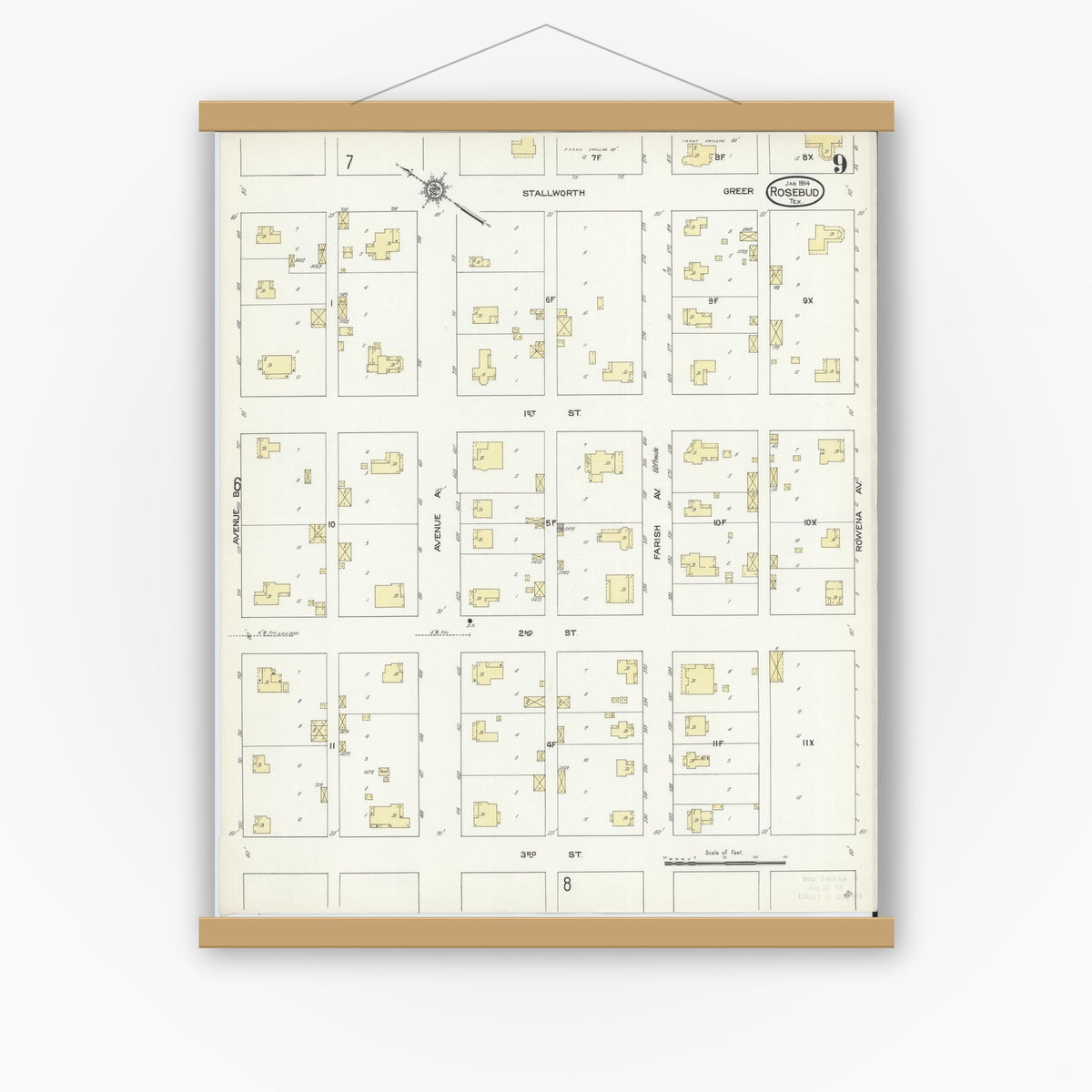 Old map wall art mockup — magnetic wood frame on white wall — Sanborn Fire Insurance Map from Rosebud, Falls County, Texas (1914), Sheet #0009