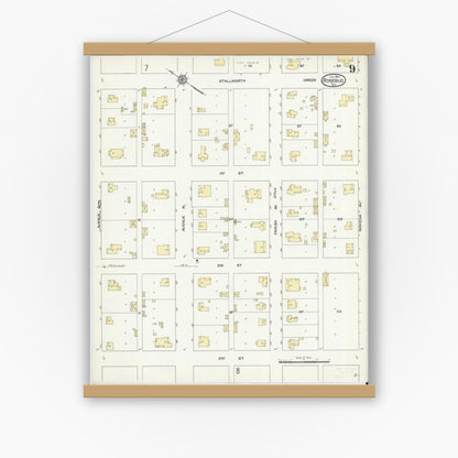 Old map wall art mockup — magnetic wood frame on white wall — Sanborn Fire Insurance Map from Rosebud, Falls County, Texas (1914), Sheet #0009
