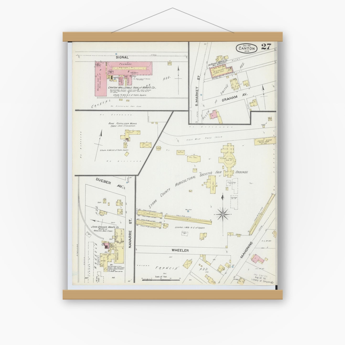 Old map wall art mockup — magnetic wood frame on white wall — Sanborn Fire Insurance Map from Canton, Stark County, Ohio (1891), Sheet #0027