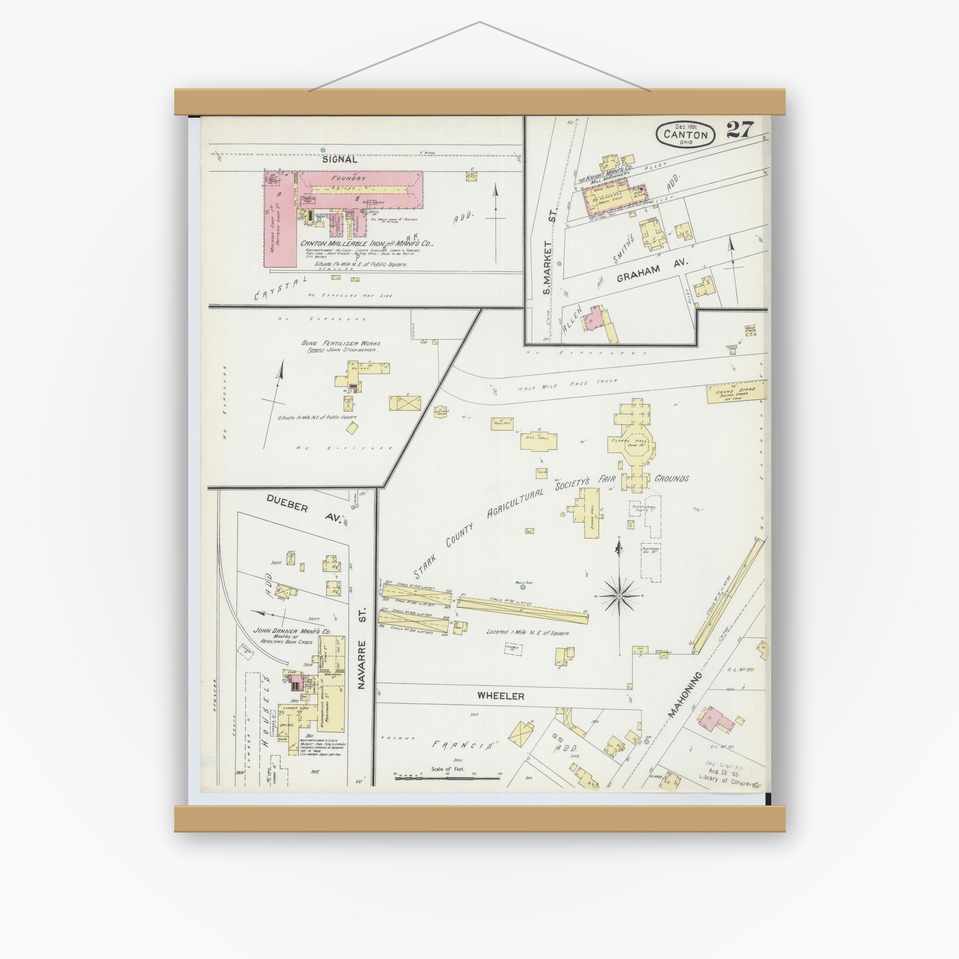 Old map wall art mockup — magnetic wood frame on white wall — Sanborn Fire Insurance Map from Canton, Stark County, Ohio (1891), Sheet #0027