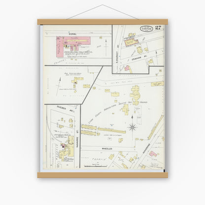 Old map wall art mockup — magnetic wood frame on white wall — Sanborn Fire Insurance Map from Canton, Stark County, Ohio (1891), Sheet #0027