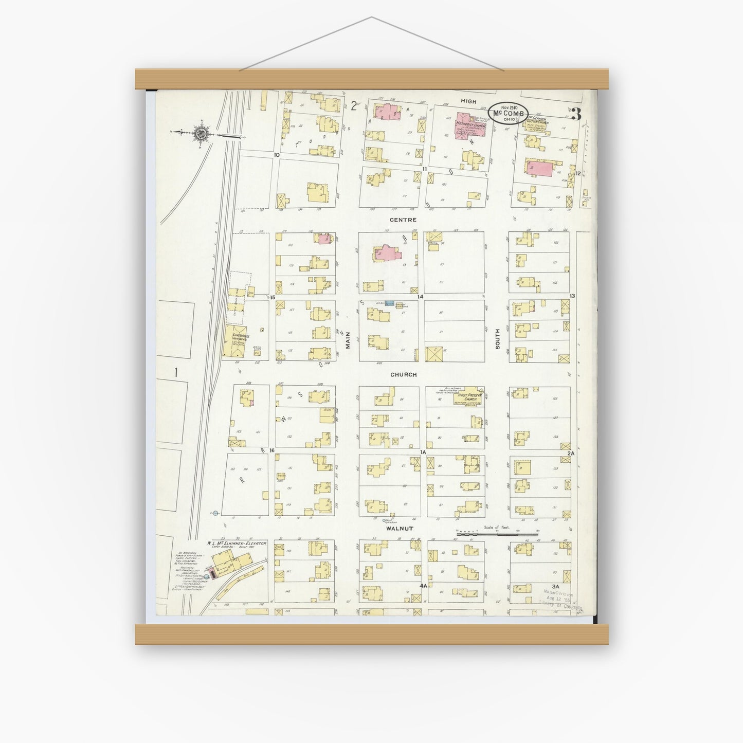 Old map wall art mockup — magnetic wood frame on white wall — Sanborn Fire Insurance Map from McComb, Hancock County, Ohio (1910), Sheet #0003