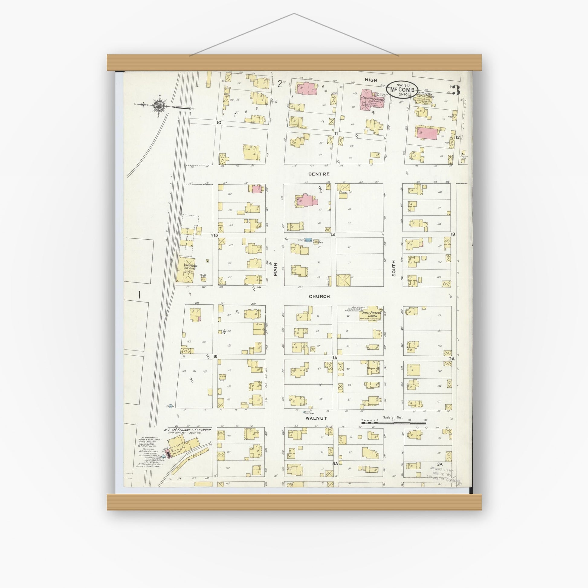 Old map wall art mockup — magnetic wood frame on white wall — Sanborn Fire Insurance Map from McComb, Hancock County, Ohio (1910), Sheet #0003
