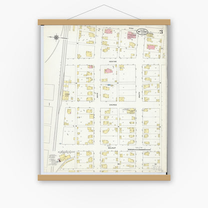 Old map wall art mockup — magnetic wood frame on white wall — Sanborn Fire Insurance Map from McComb, Hancock County, Ohio (1910), Sheet #0003
