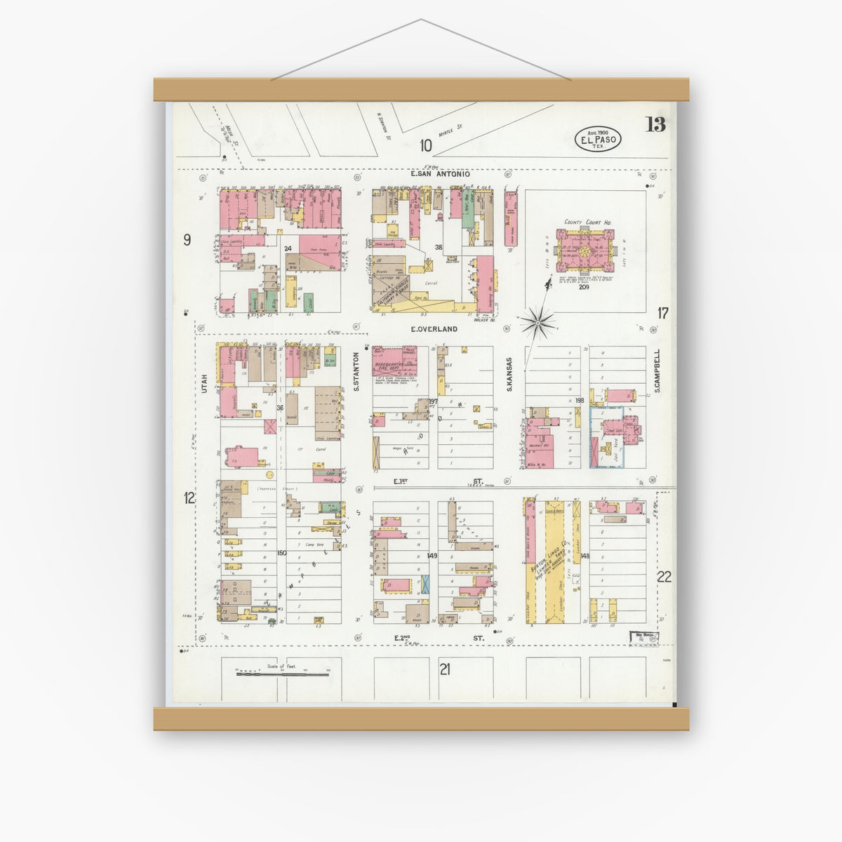Old map wall art mockup — magnetic wood frame on white wall — Sanborn Fire Insurance Map from El Paso, El Paso County, Texas (1900), Sheet #0013