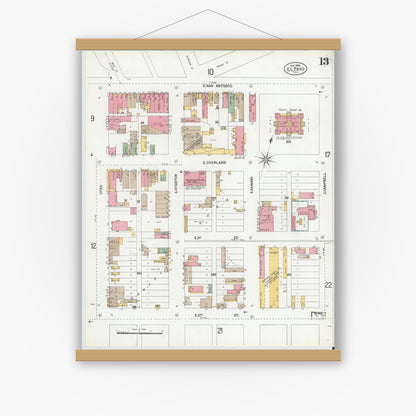 Old map wall art mockup — magnetic wood frame on white wall — Sanborn Fire Insurance Map from El Paso, El Paso County, Texas (1900), Sheet #0013