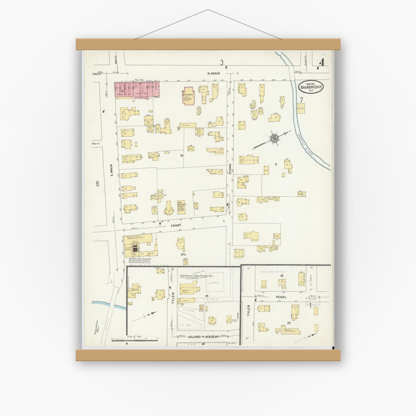 Old map wall art mockup — magnetic wood frame on white wall — Sanborn Fire Insurance Map from Bainbridge, Chenango County, New York (1912), Sheet #0004