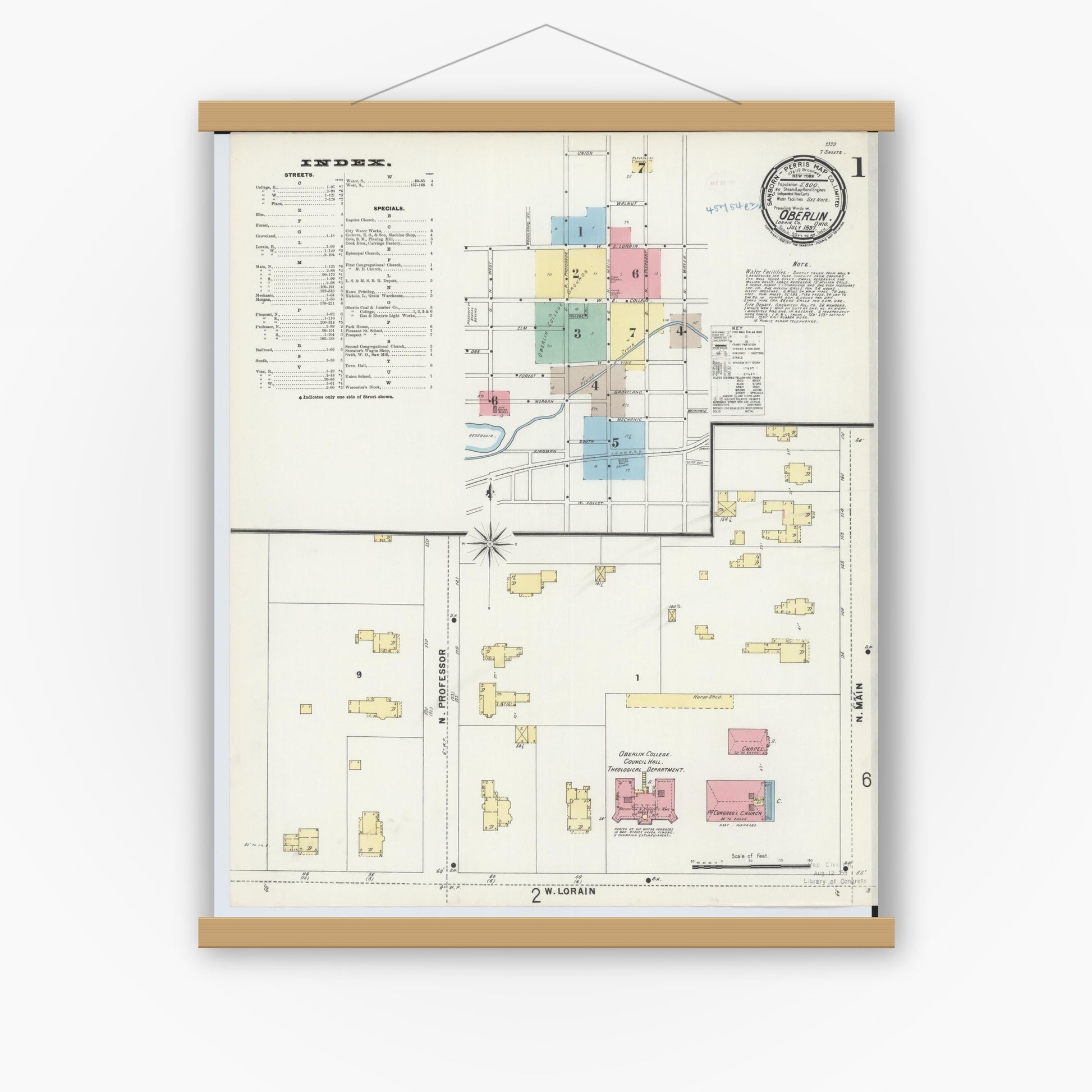 Old map wall art mockup — magnetic wood frame on white wall — Sanborn Fire Insurance Map from Oberlin, Lorain County, Ohio (1897) - Complete Map Set