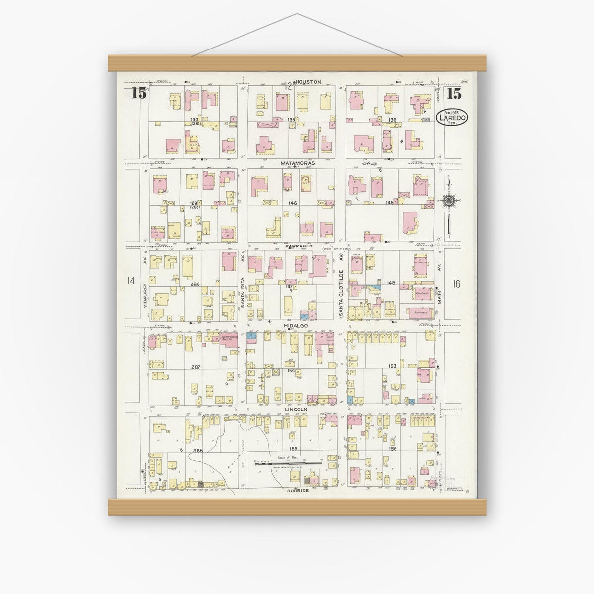 Old map wall art mockup — magnetic wood frame on white wall — Sanborn Fire Insurance Map from Laredo, Webb County, Texas (1925), Sheet #0015
