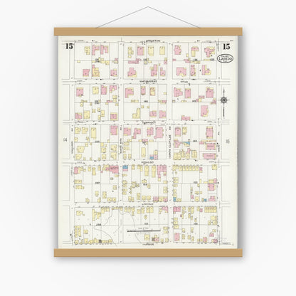 Old map wall art mockup — magnetic wood frame on white wall — Sanborn Fire Insurance Map from Laredo, Webb County, Texas (1925), Sheet #0015