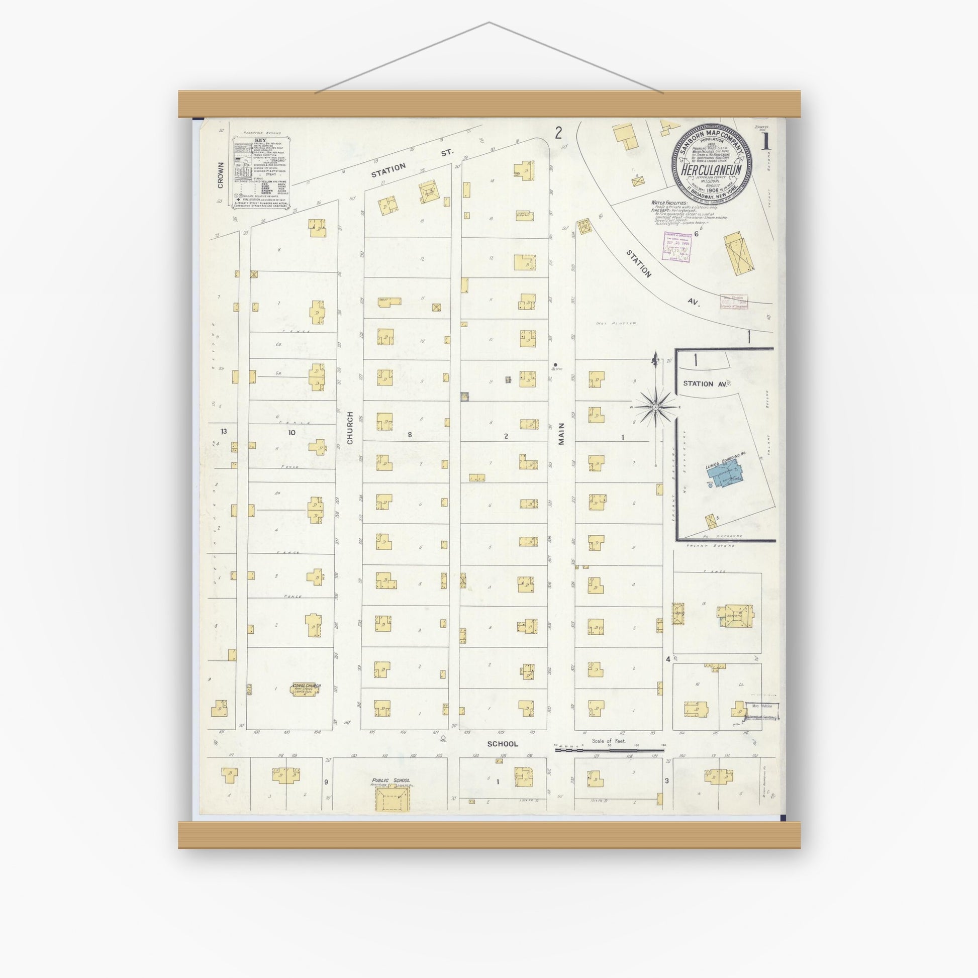 Old map wall art mockup — magnetic wood frame on white wall — Sanborn Fire Insurance Map from Herculaneum, Jefferson County, Missouri (1908) - Complete Map Set