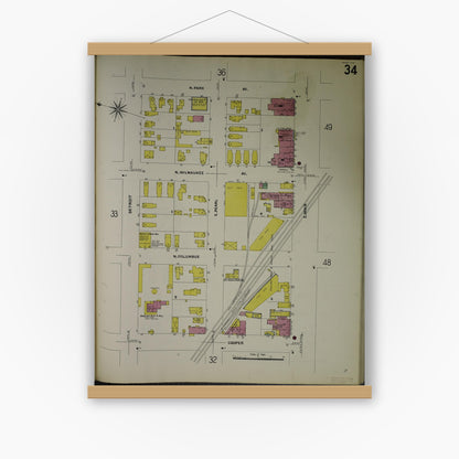 Old map wall art mockup — magnetic wood frame on white wall — Sanborn Fire Insurance Map from Jackson, Jackson County, Michigan (1907), Sheet #0034
